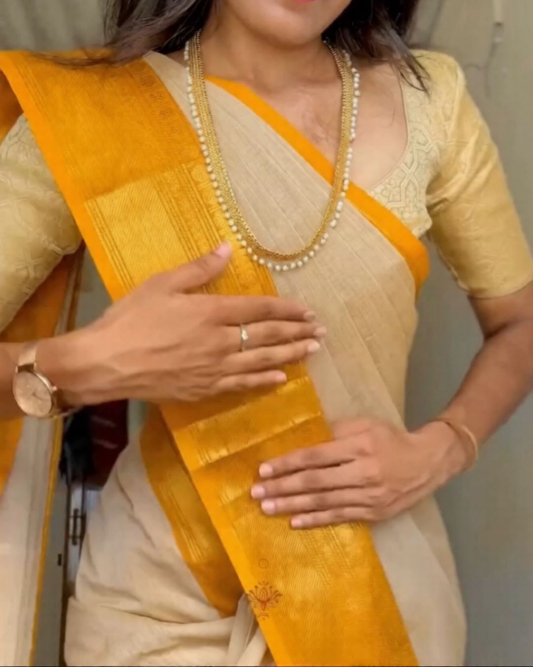 Ivory-Yellow Silk Saree