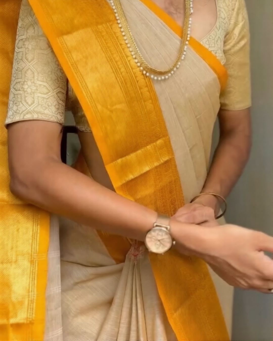 Ivory-Yellow Silk Saree