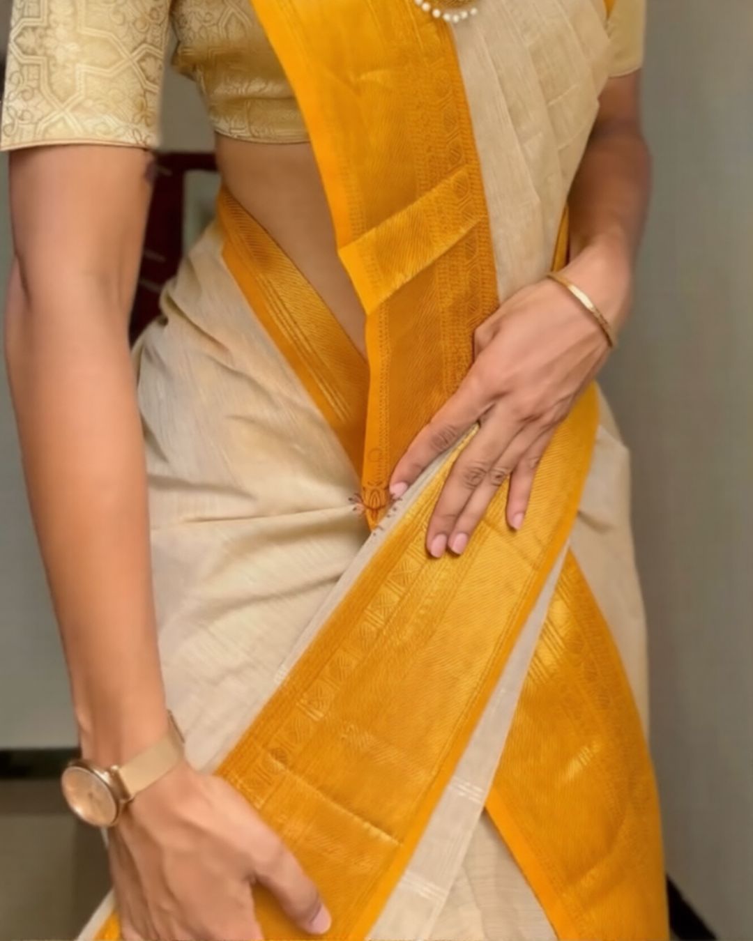 Ivory-Yellow Silk Saree