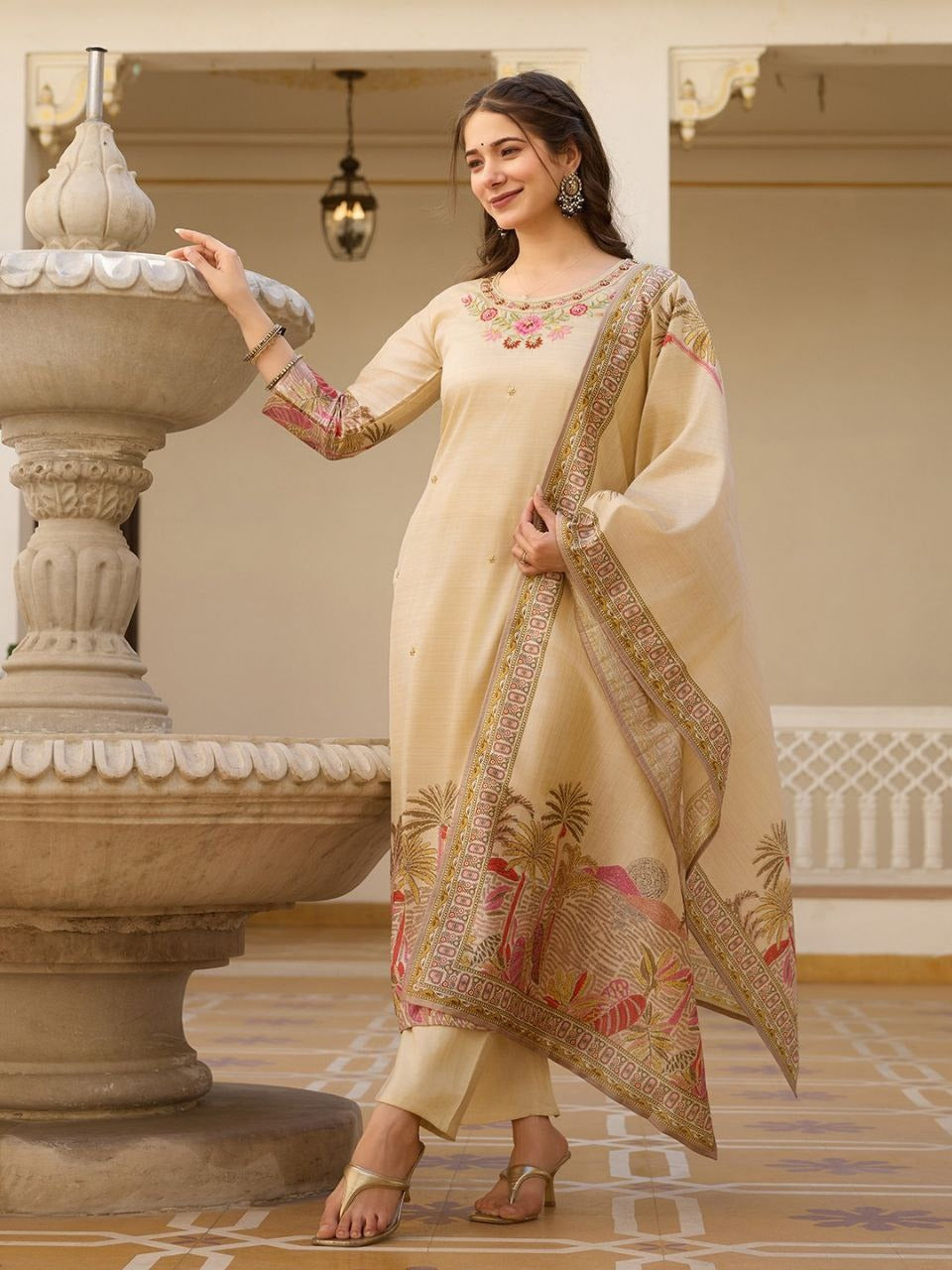 Elegant Viscose Assam Silk Suit Set with Embroidered Beads & Printed Dupatta