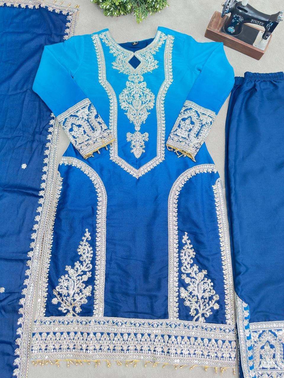 Star Georgette Embroidered Top with Crêpe Bottom & Dupatta Set