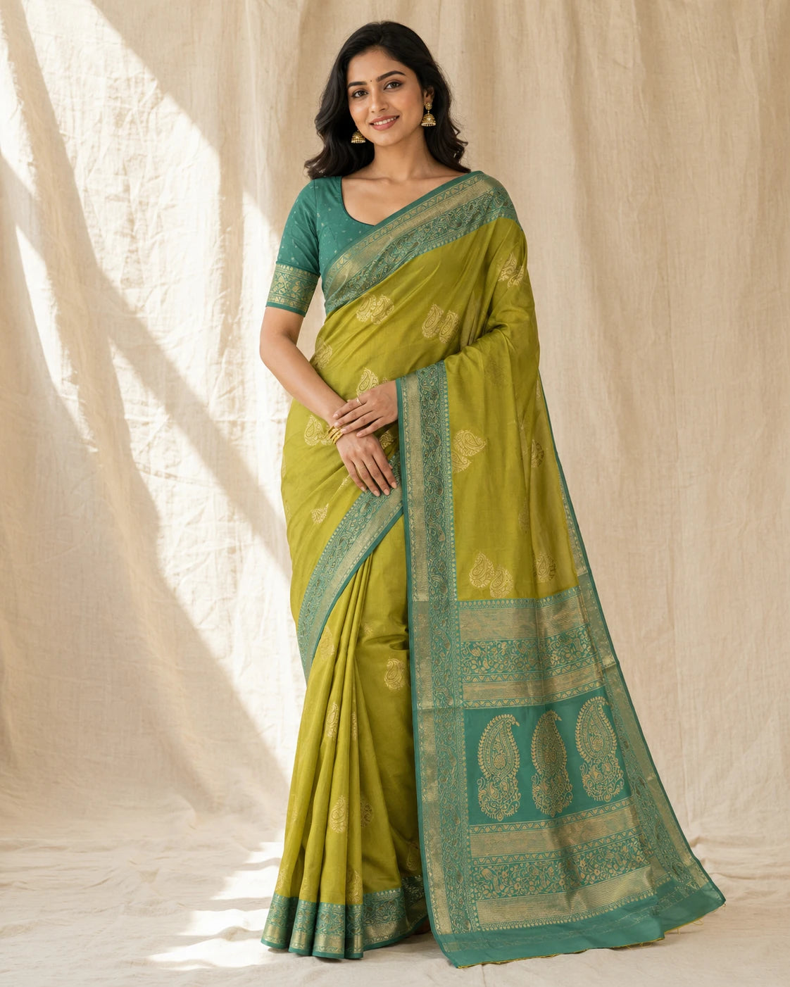 Lime Green Lichi Silk Saree