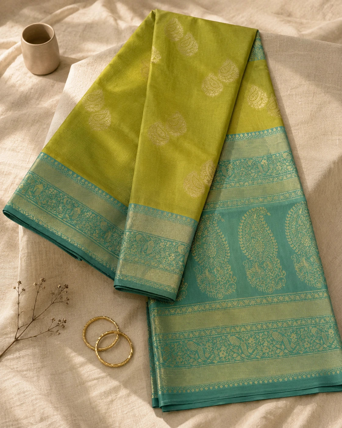 Lime Green Lichi Silk Saree