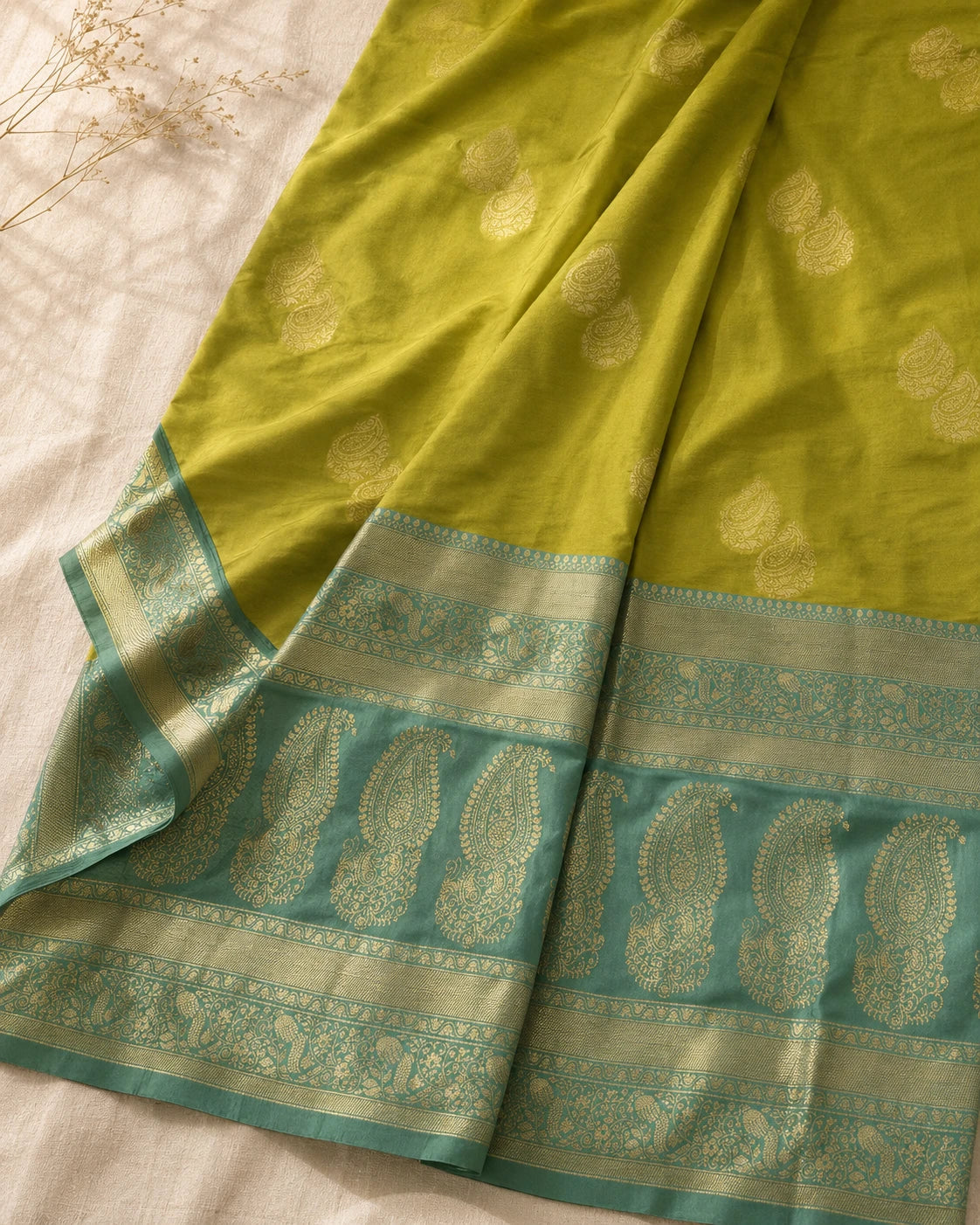 Lime Green Lichi Silk Saree