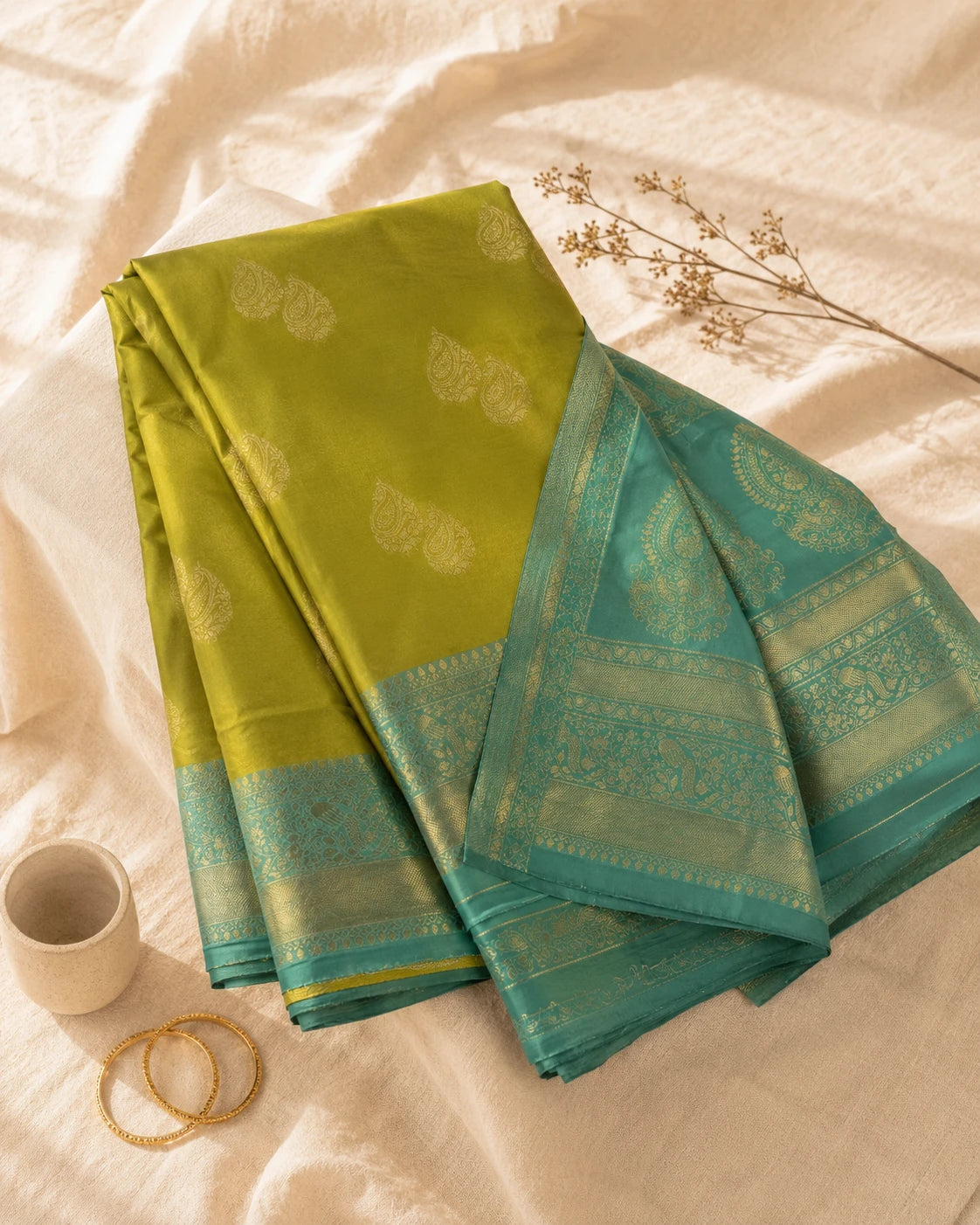 Lime Green Lichi Silk Saree