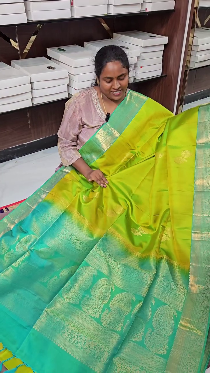 Lime Green Lichi Silk Saree